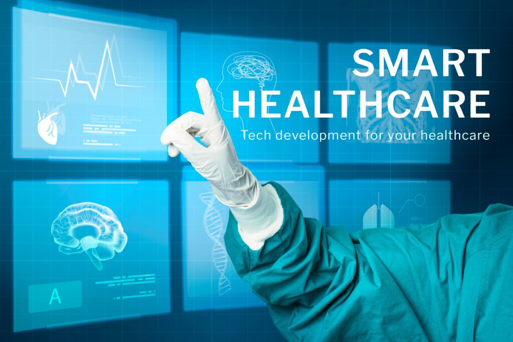 smart healthcare solutions, doctors hand in gloves using digital screens 